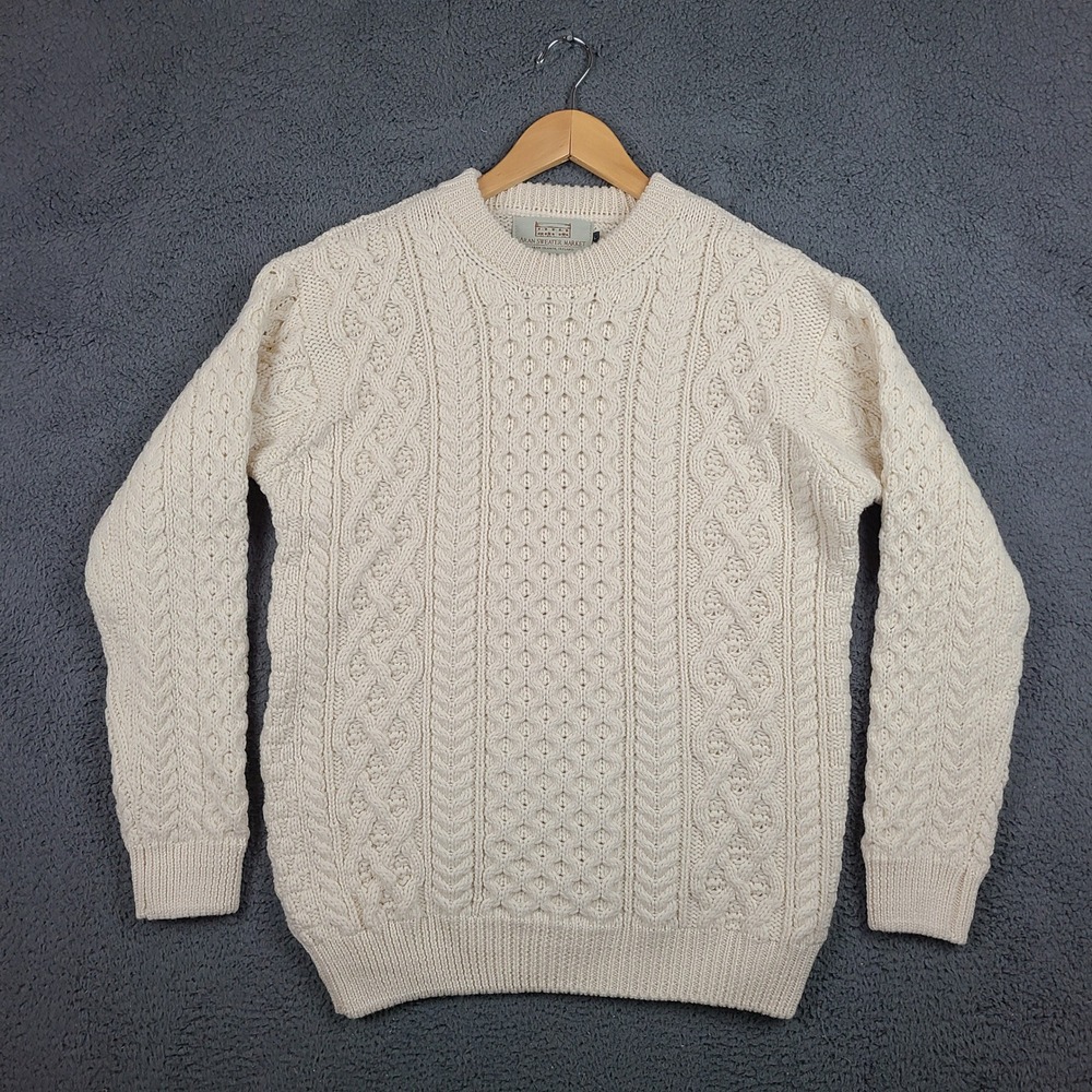 Aran Sweater Market 100% Merino Wool Cable Knit Sweater Ireland Cream Womens L